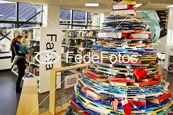Bibliotek med juletræ af bøger
