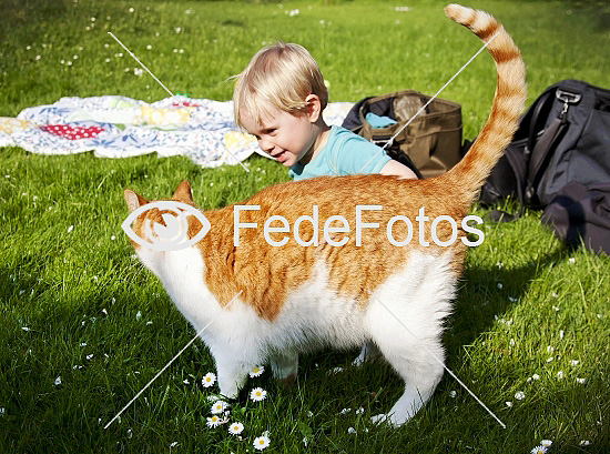Barn leger med stor kat 
